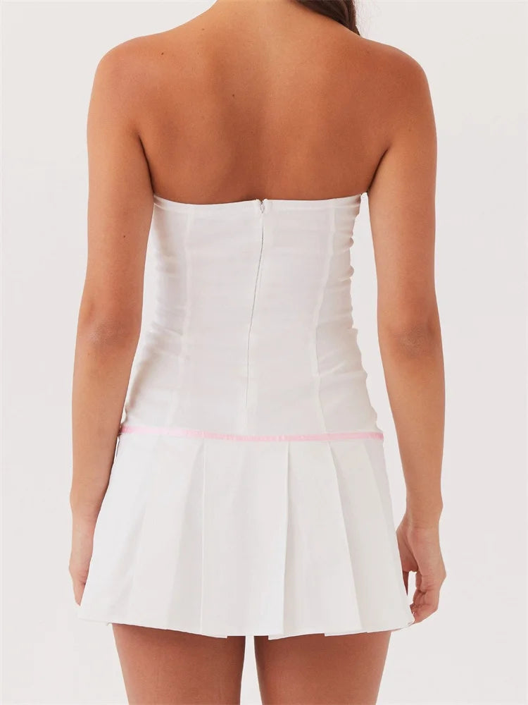 Contrast Color Strapless Bow Front Tie-up Mini Dresses