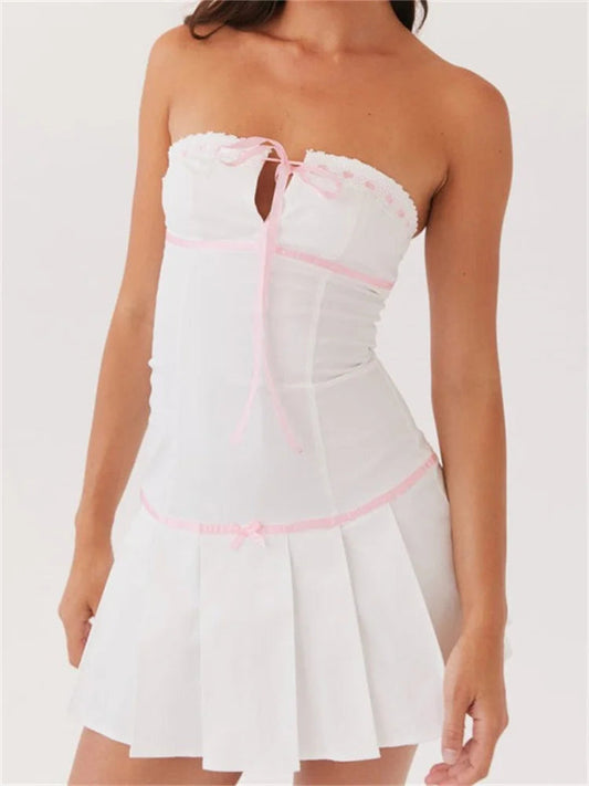 Contrast Color Strapless Bow Front Tie-up Mini Dresses