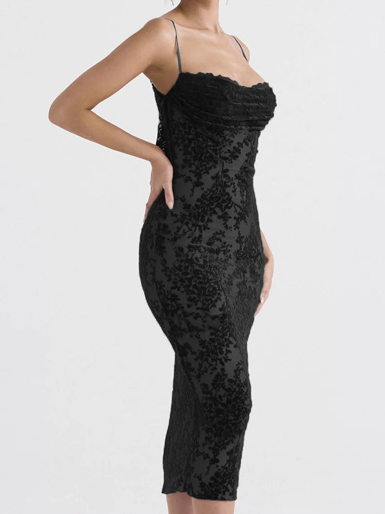 Lace Sleeveless Strap Low Cut Backless Print Midi Dress