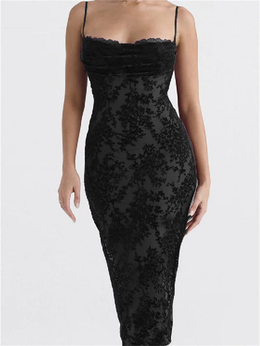 Lace Sleeveless Strap Low Cut Backless Print Midi Dress