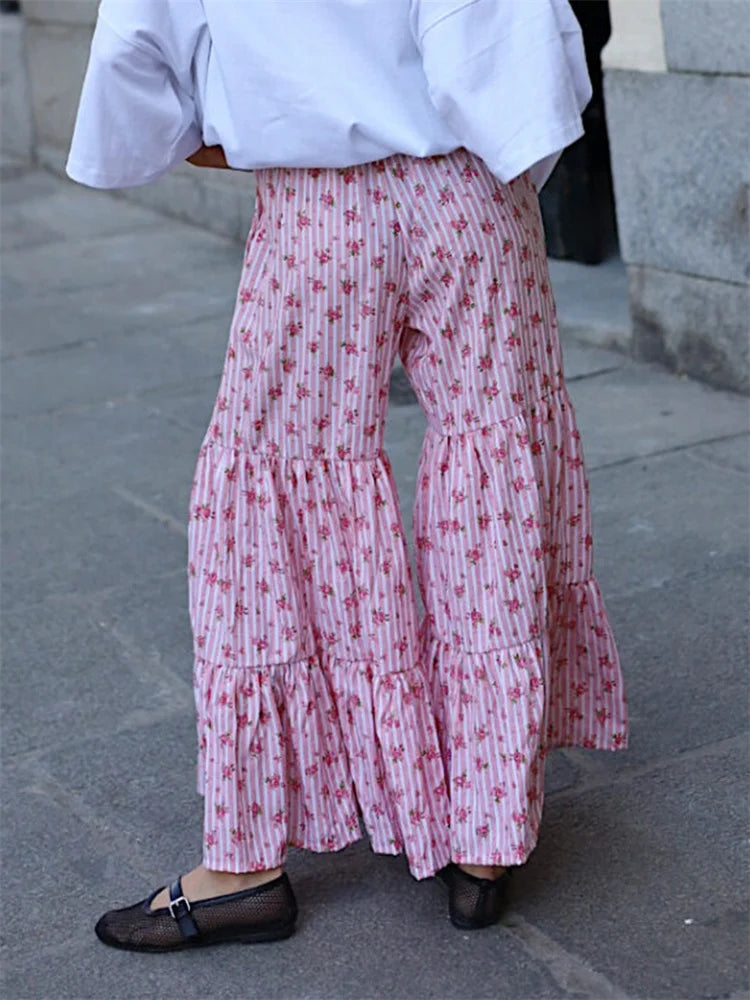 Flared Striped Elastic High Waist Pant