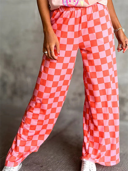 Plaid Print Wide Leg Elastic Waist Pant