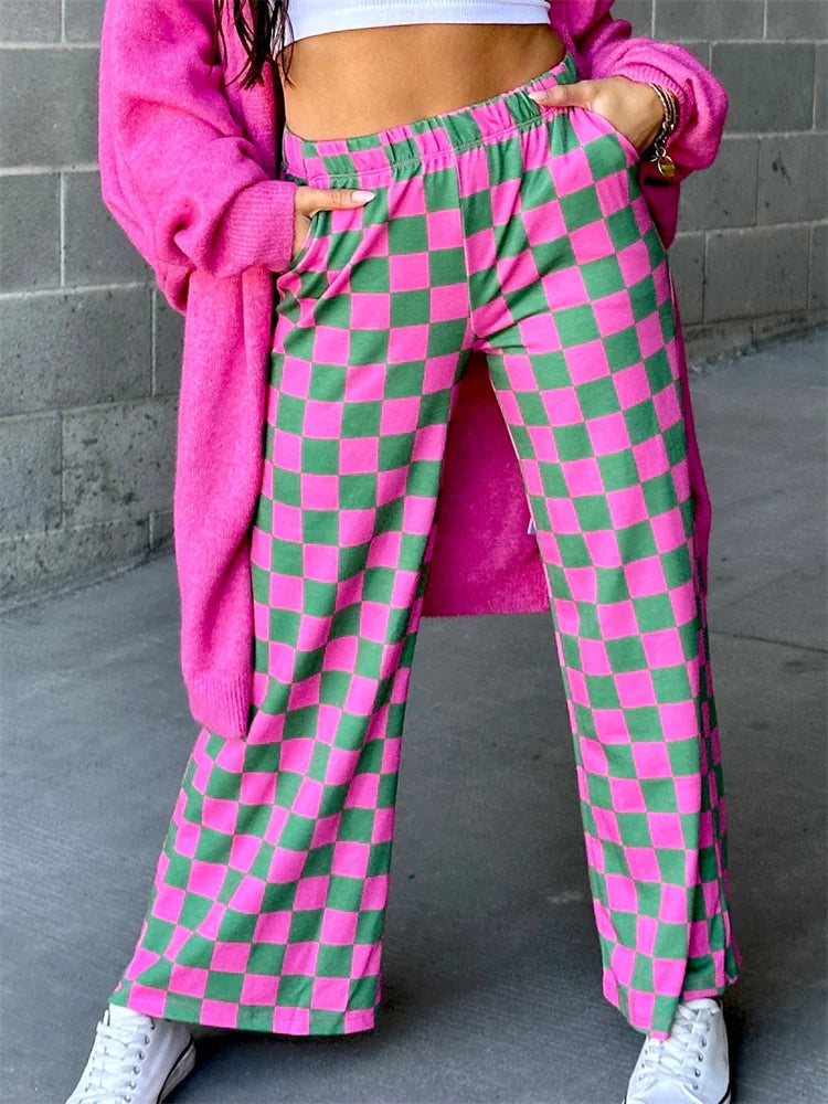 Plaid Print Wide Leg Elastic Waist Pant