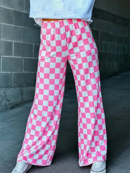 Plaid Print Wide Leg Elastic Waist Pant
