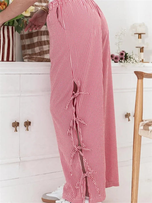 Plaid Print Lace-up Side Hollow Wide Pant