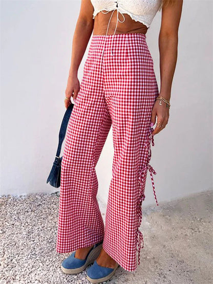 Plaid Print Lace-up Side Hollow Wide Pant