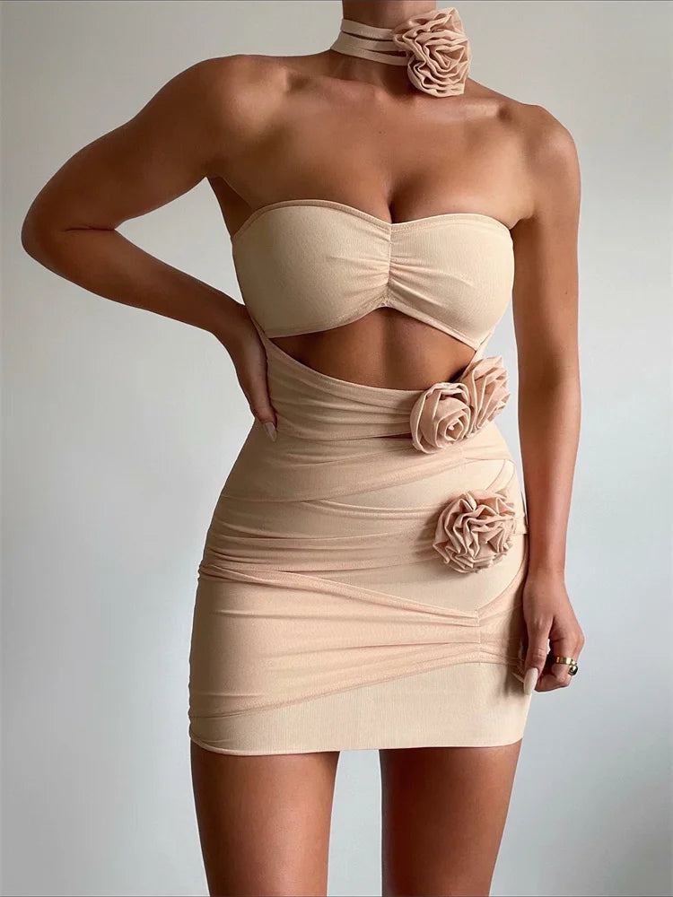 3d Flower Hollow Out Slim Party Mini Dresses