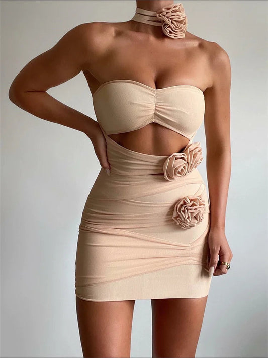 3d Flower Hollow Out Slim Party Mini Dresses