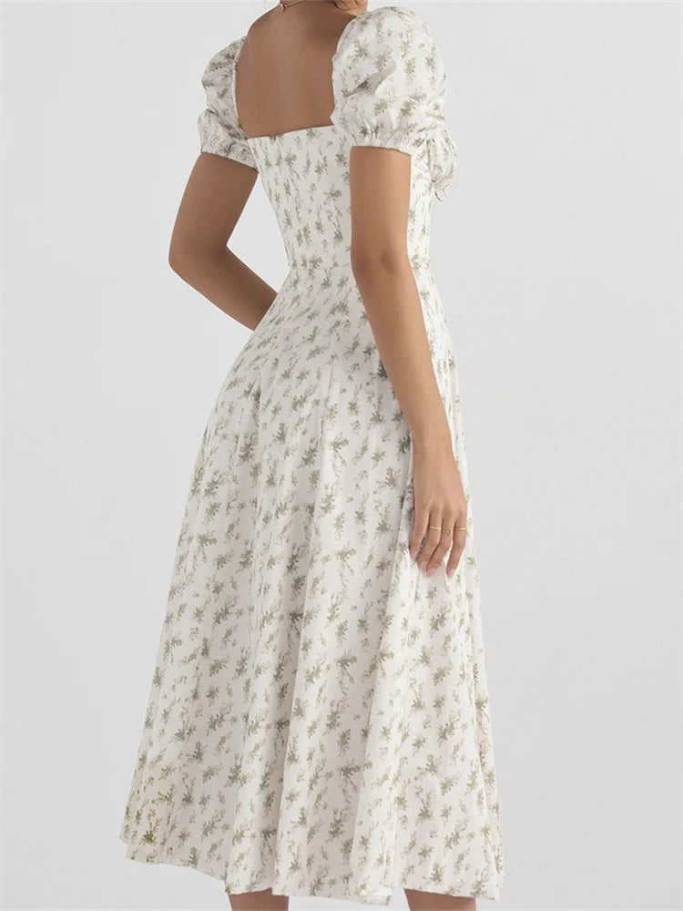 Y2k Square Neck Print Lace-up Sleeveless Spaghetti Strap Midi Dress