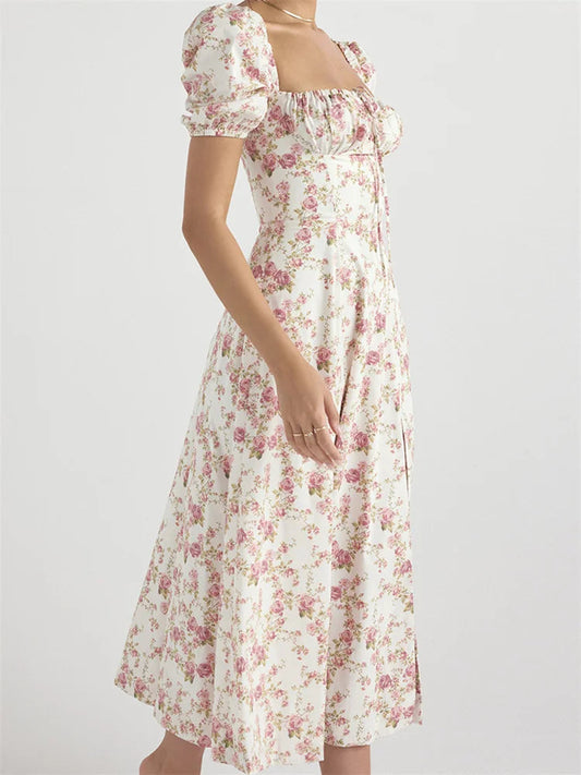 Y2k Square Neck Print Lace-up Sleeveless Spaghetti Strap Midi Dress