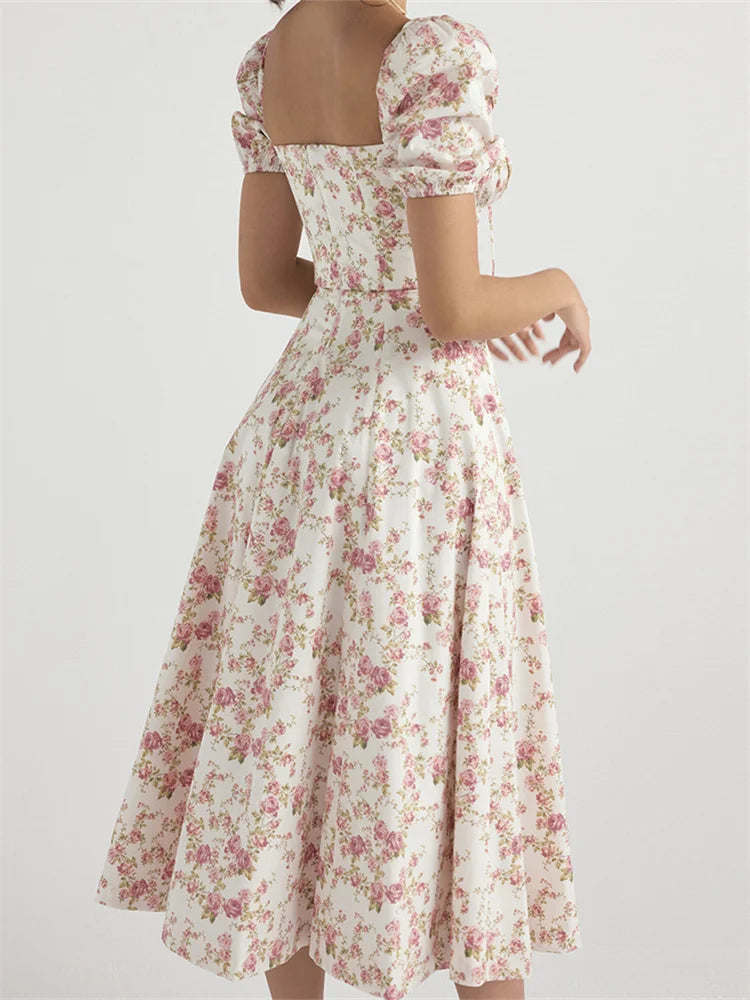 Y2k Square Neck Print Lace-up Sleeveless Spaghetti Strap Midi Dress