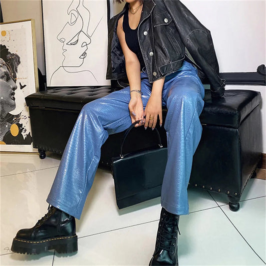 Pu Leather High Waist Button Straight-leg Punk Female Pants