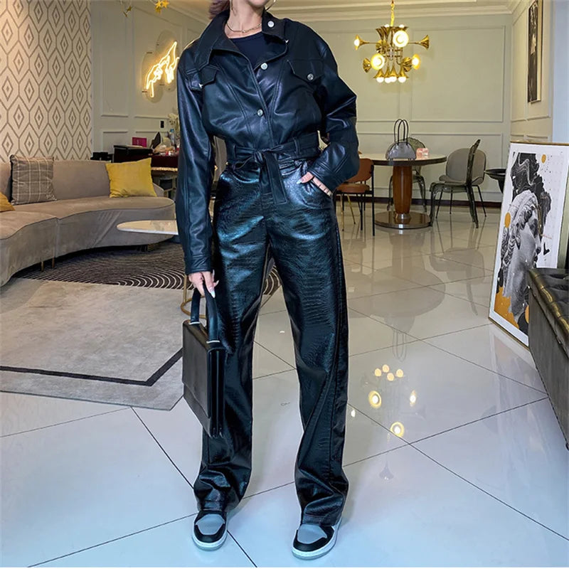 Pu Leather High Waist Button Straight-leg Punk Female Pants