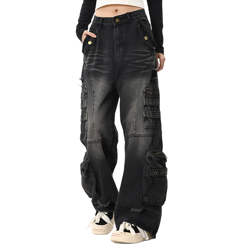 Distressed Black Cargo Denim Jeans - Edgy Pants