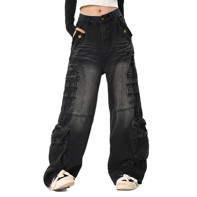 Distressed Black Cargo Denim Jeans - Edgy Pants