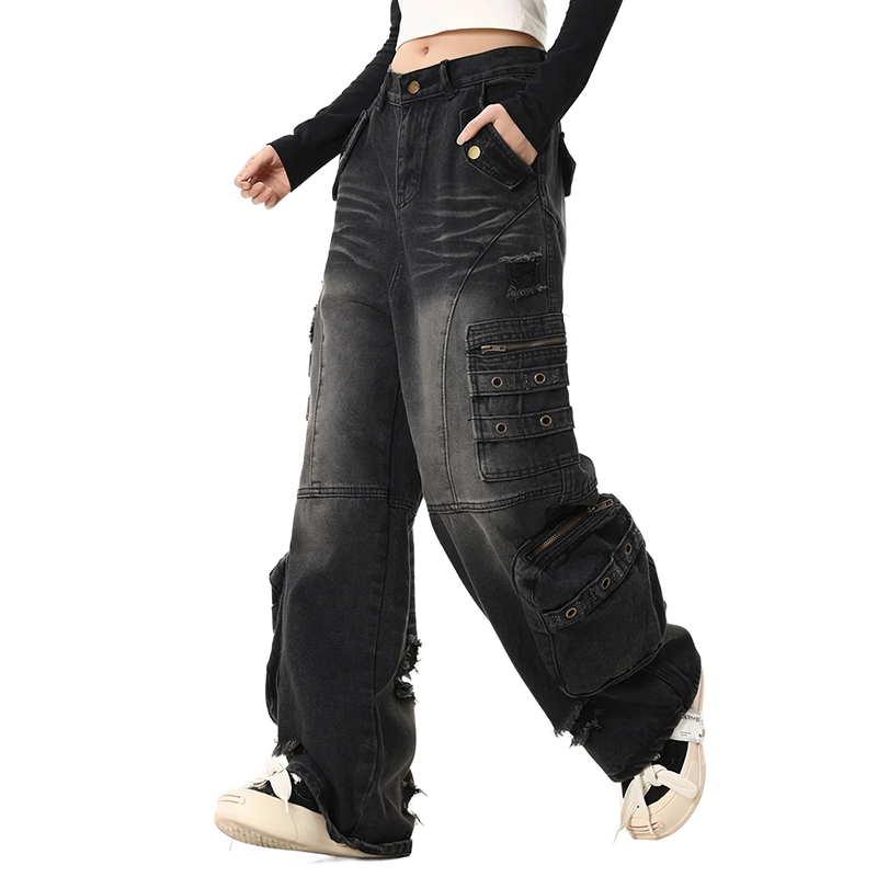 Distressed Black Cargo Denim Jeans - Edgy Pants