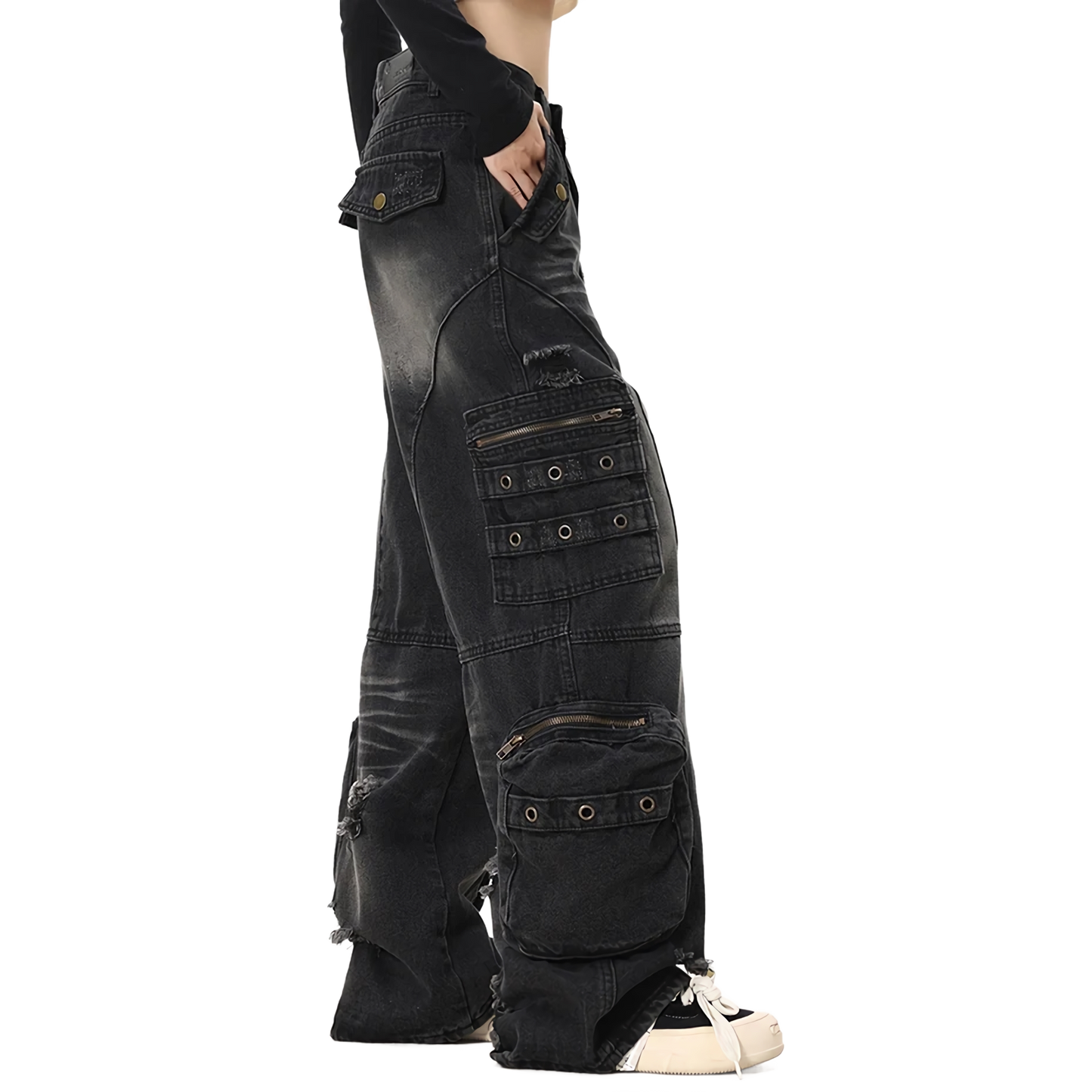 Distressed Black Cargo Denim Jeans - Edgy Pants