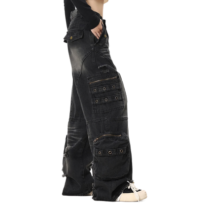 Distressed Black Cargo Denim Jeans - Edgy Pants
