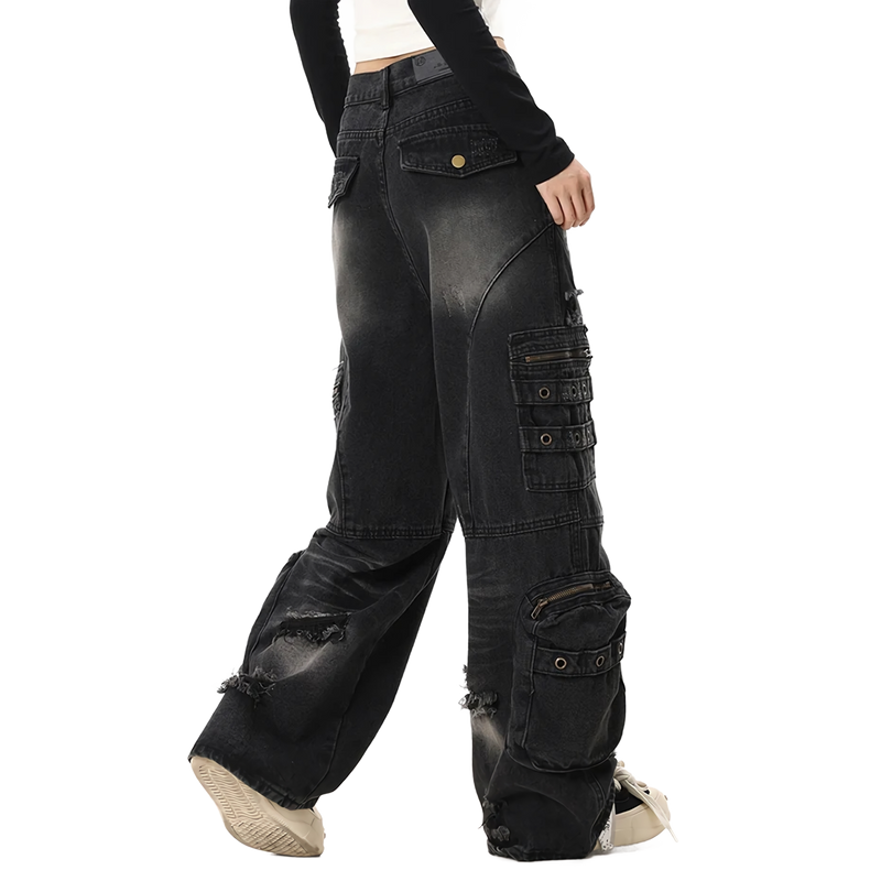 Distressed Black Cargo Denim Jeans - Edgy Pants