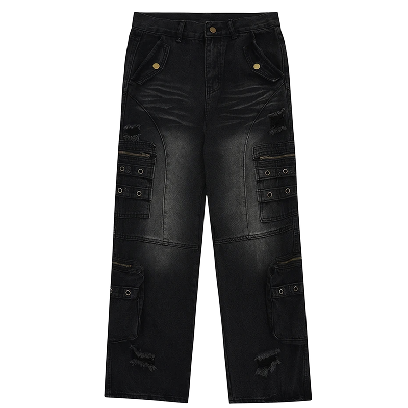 Distressed Black Cargo Denim Jeans - Edgy Pants