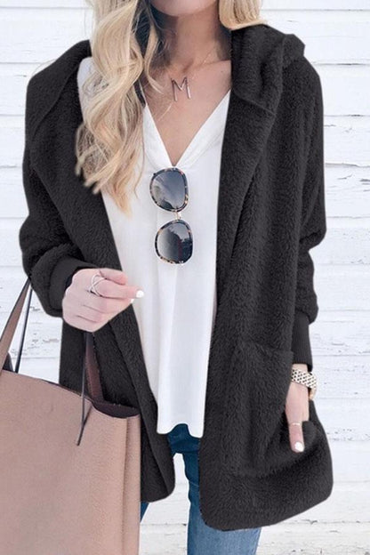 Color Plush Cap Long Sleeve Cardigan Coat