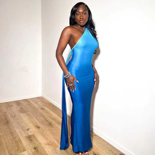 Gradient One Shoulder Sleeveless Maxi Dress Slew Collar Backless Skinny Robe Party Clubwear