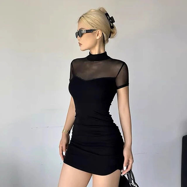 Goth Dark Mock Neck Y2k Bodycon Mini Dress Gothic Mesh Patchwork Sheer Party Dress