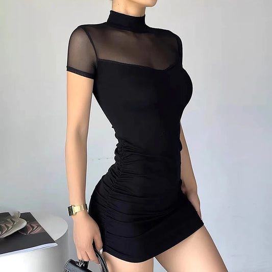 Goth Dark Mock Neck Y2k Bodycon Mini Dress Gothic Mesh Patchwork Sheer Party Dress