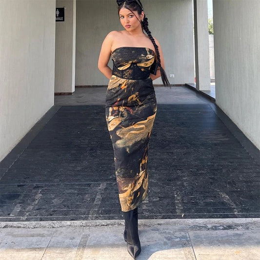 Strapless Oil Painting Printing Mesh Slim Midi Dress Female Brand Party Vestidos – Bestseller Dress