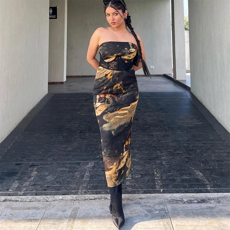Strapless Oil Painting Printing Mesh Slim Midi Dress Female Brand Party Vestidos – Bestseller Dress
