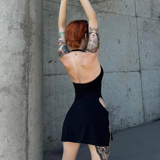 Color Sleeveless Halter Backless Deep Split Metal Circle Decoration Mini Dress – Hottie Spicy Clubwear Street