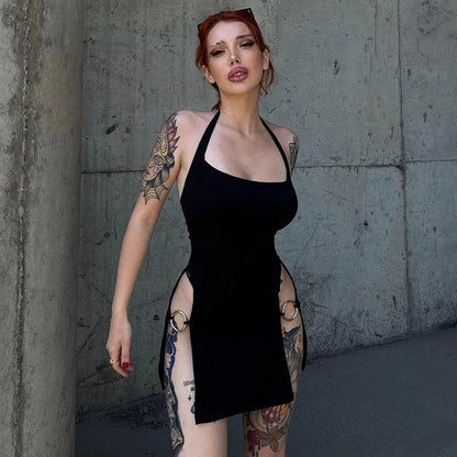 Color Sleeveless Halter Backless Deep Split Metal Circle Decoration Mini Dress – Hottie Spicy Clubwear Street