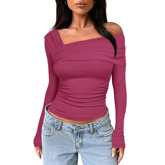 Basic Undershirt Slash Off Shoulder Full Sleeve Shirt Shrunk Soft T-shirt Autumn Versatile Street Daily Top