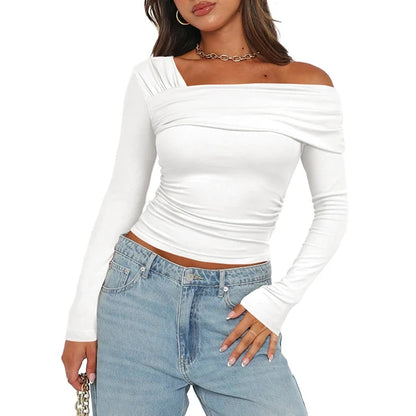 Basic Undershirt Slash Off Shoulder Full Sleeve Shirt Shrunk Soft T-shirt Autumn Versatile Street Daily Top
