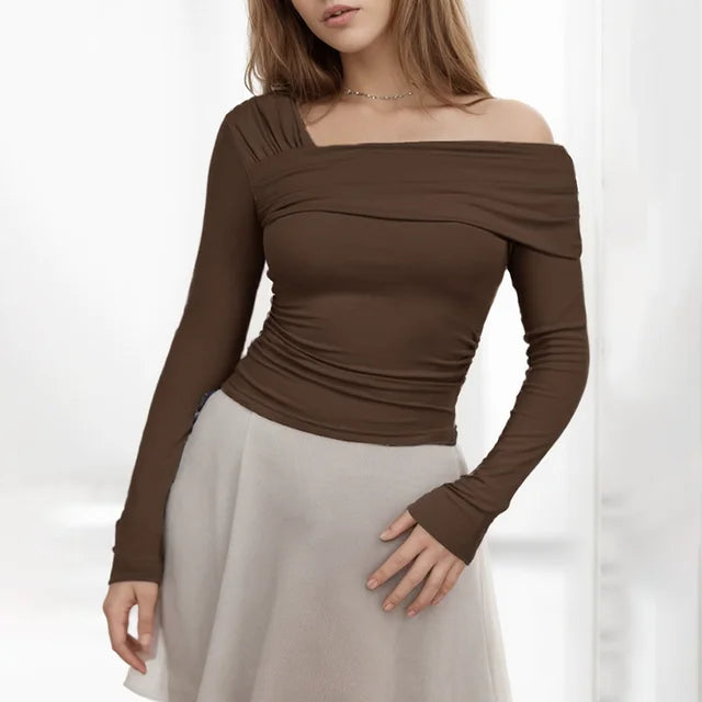 Basic Undershirt Slash Off Shoulder Full Sleeve Shirt Shrunk Soft T-shirt Autumn Versatile Street Daily Top