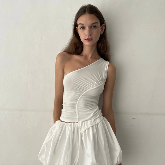’s Summer Tank Tops One Off Shoulder Sleeveless Color Slim Fit Camisole Blouse T-shirts Aesthetic Clothes