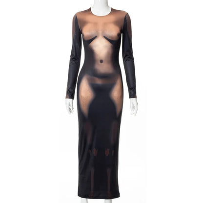 Y2k 3d Body Print Maxi Dress Long Sleeve Unique Body-shaping Attirewear Robe Party