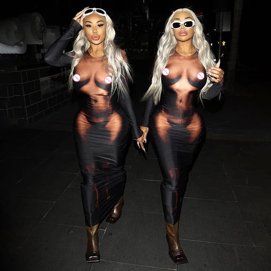 Y2k 3d Body Print Maxi Dress Long Sleeve Unique Body-shaping Attirewear Robe Party
