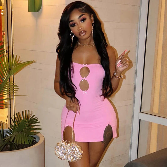 Y2k Mini Dress Summer Hottie Hollow Out Strapless Color Pullover Dresses Clothing
