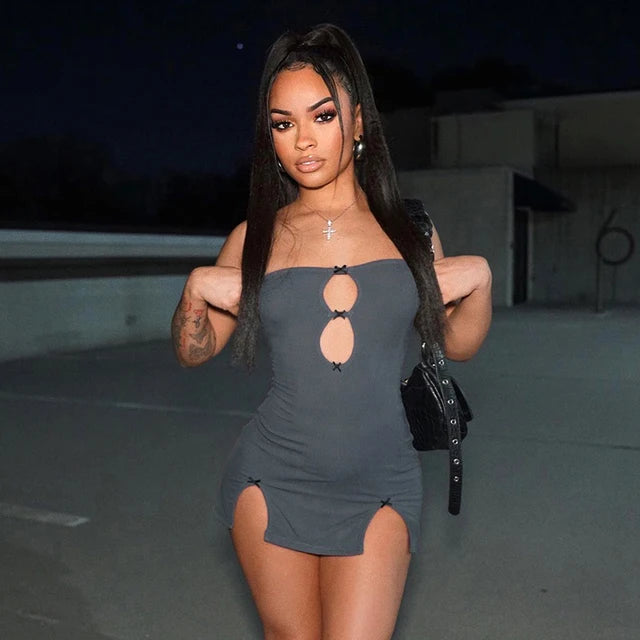 Y2k Mini Dress Summer Hottie Hollow Out Strapless Color Pullover Dresses Clothing