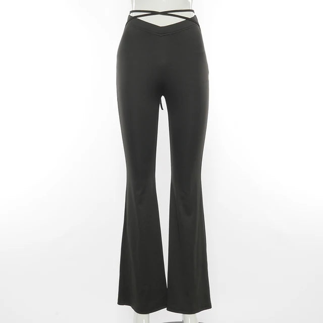 Y2k Flare Pants E Girl Style Strechy Trousers Lace Up V Waist Low Rise Harajuku Black Pants