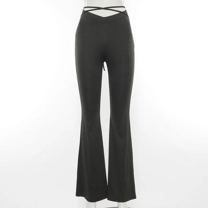 Y2k Flare Pants E Girl Style Strechy Trousers Lace Up V Waist Low Rise Harajuku Black Pants