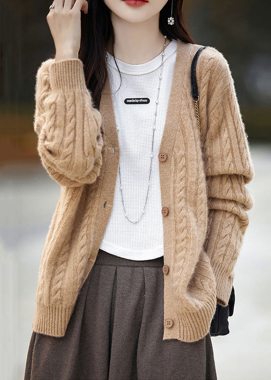 Camel Button Cozy Woolen Knit Cardigans V Neck Long Sleeve Ab1056