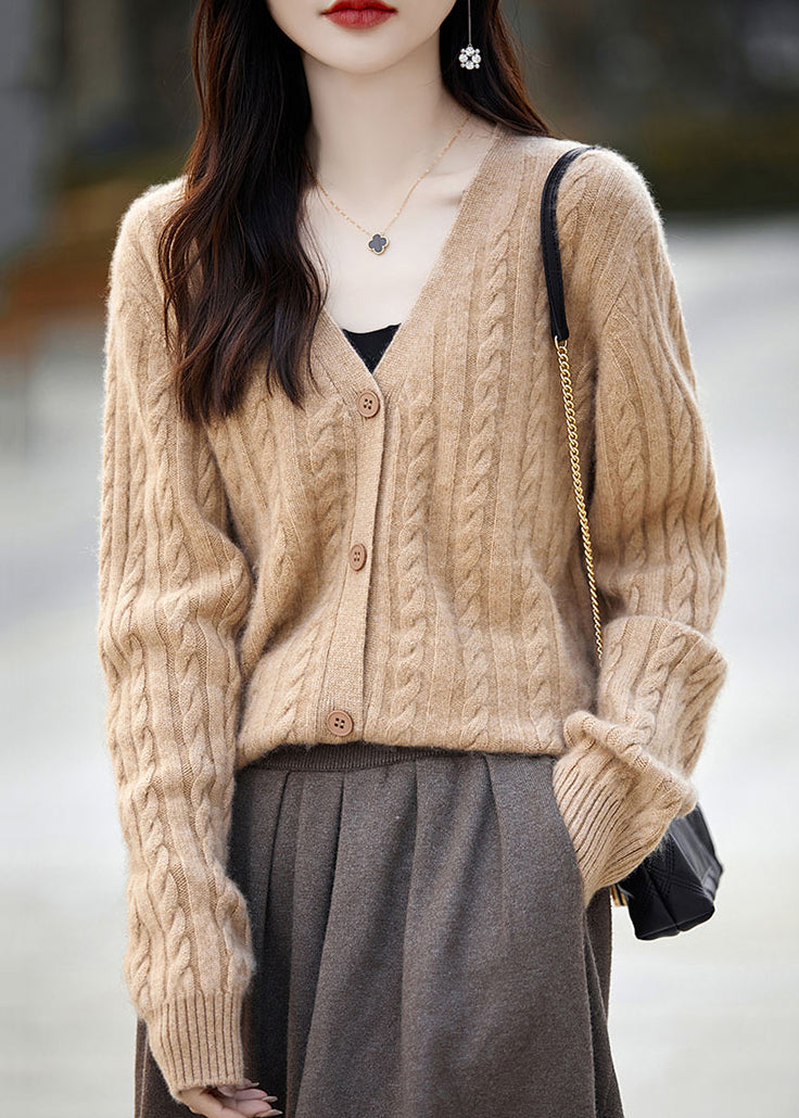 Camel Button Cozy Woolen Knit Cardigans V Neck Long Sleeve Ab1056