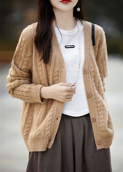 Camel Button Cozy Woolen Knit Cardigans V Neck Long Sleeve Ab1056