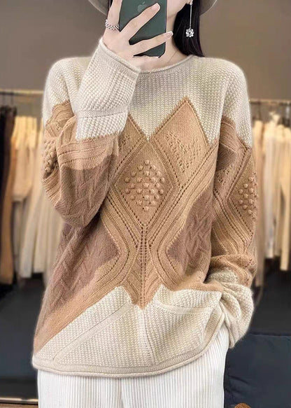 Camel Cozy Patchwork Woolen Knit Pullover Sweaters Spring Yw022