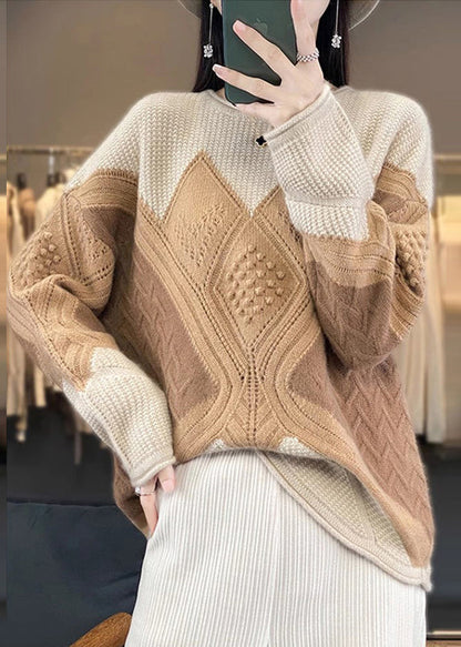 Camel Cozy Patchwork Woolen Knit Pullover Sweaters Spring Yw022
