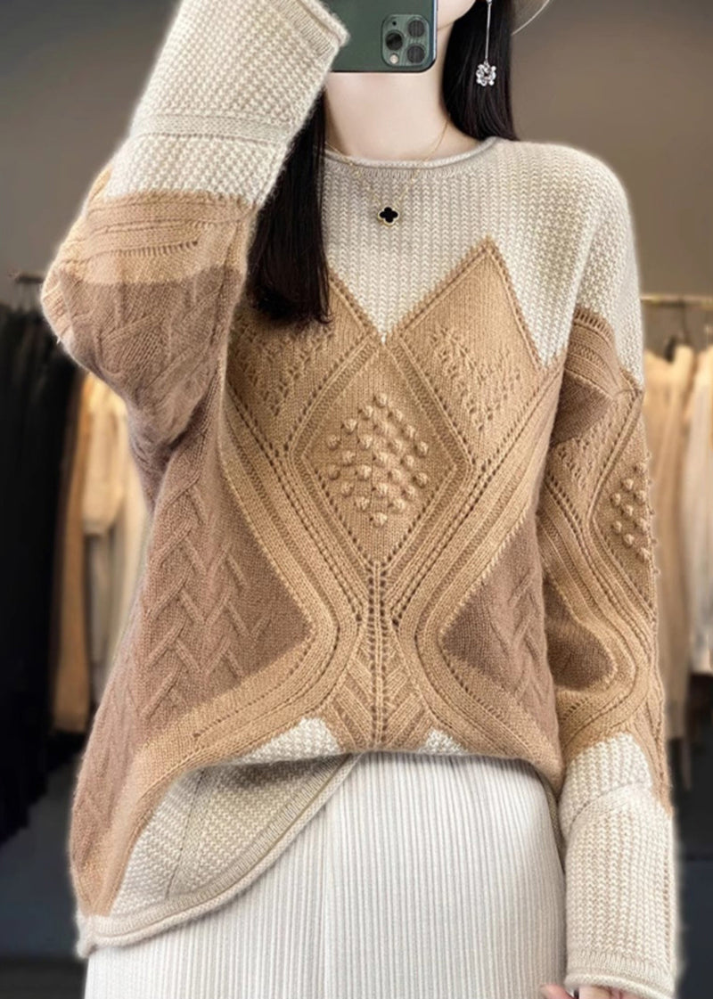 Camel Cozy Patchwork Woolen Knit Pullover Sweaters Spring Yw022
