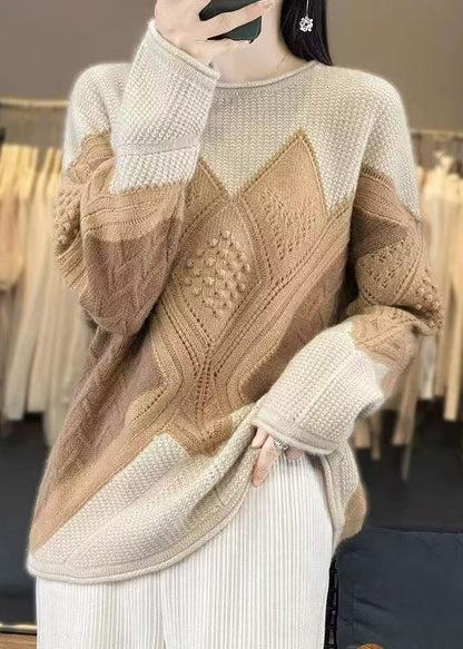 Camel Cozy Patchwork Woolen Knit Pullover Sweaters Spring Yw022