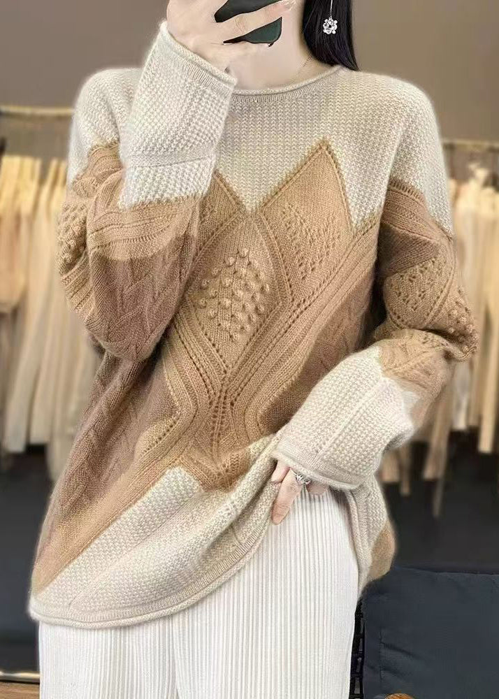Camel Cozy Patchwork Woolen Knit Pullover Sweaters Spring Yw022